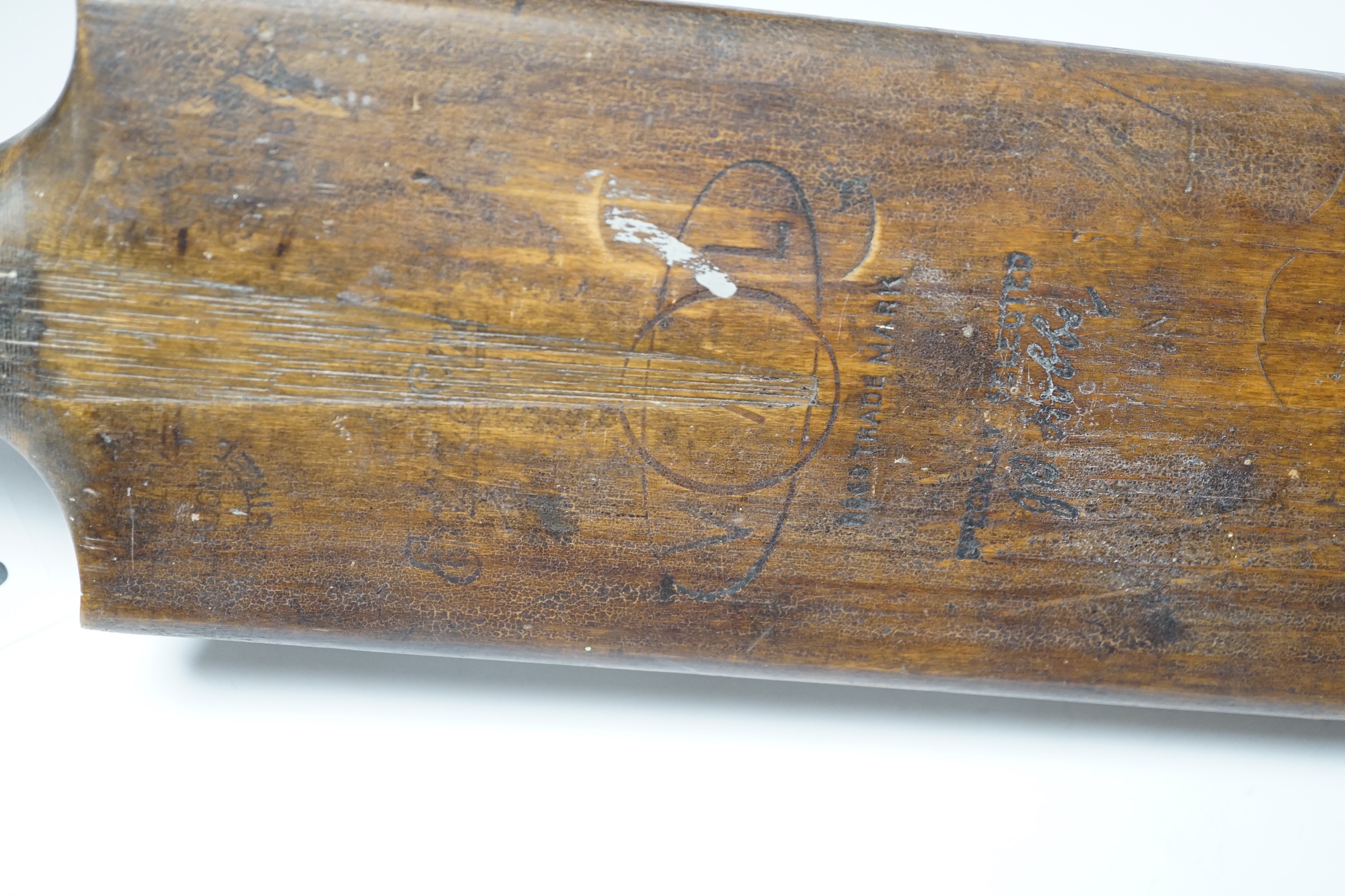 A Jack Hobbs related cricket bat and related hand written letter; the letter mentions the donation of the cricket bat to the Rev. E. H. Smith (photograph of Smith and his family also included), the letter is handwritten